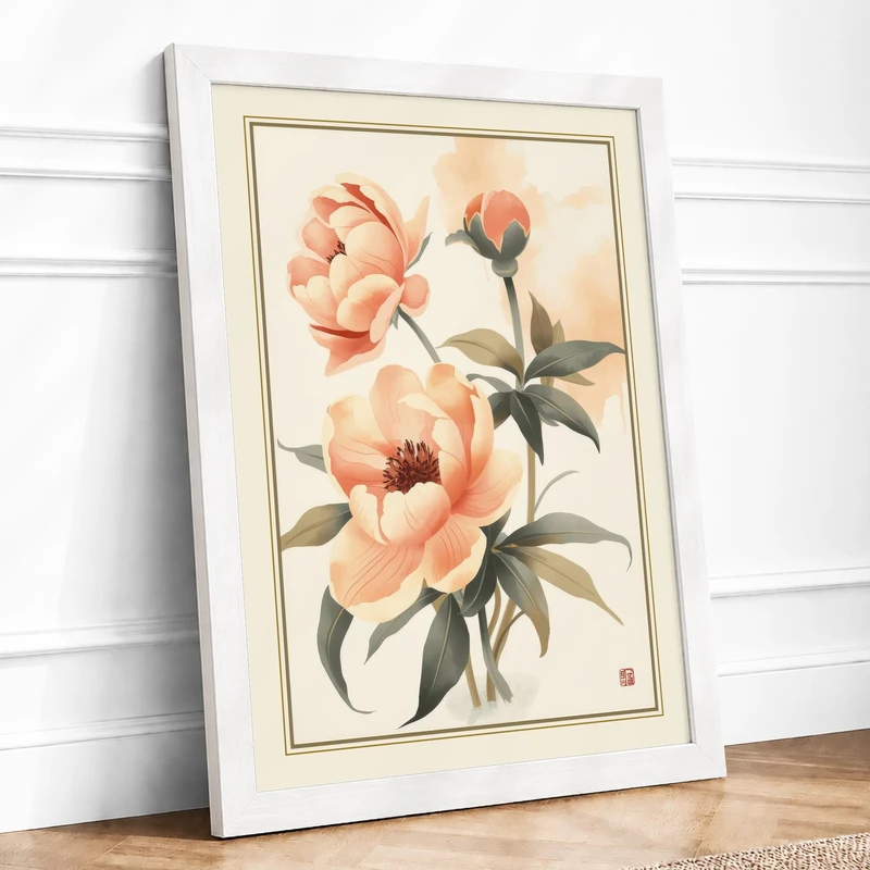 Three Peonies Botanical Framed Wall Art Print A1 (84.1×59.4cm) White, Wall Decor for Living Room, Bedroom, Office & Home, Ready to Hang, Art Gift