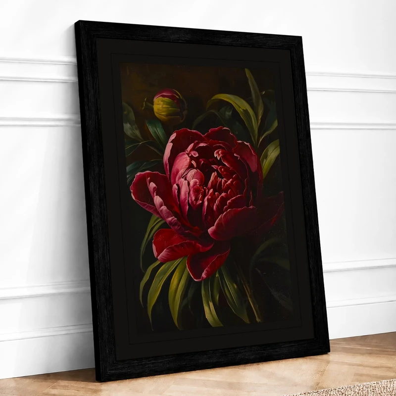 Crimson Peony Botanical Framed Wall Art Print A1 (84.1×59.4cm) Black, Wall Decor for Living Room, Bedroom, Office & Home, Ready to Hang, Art Gift