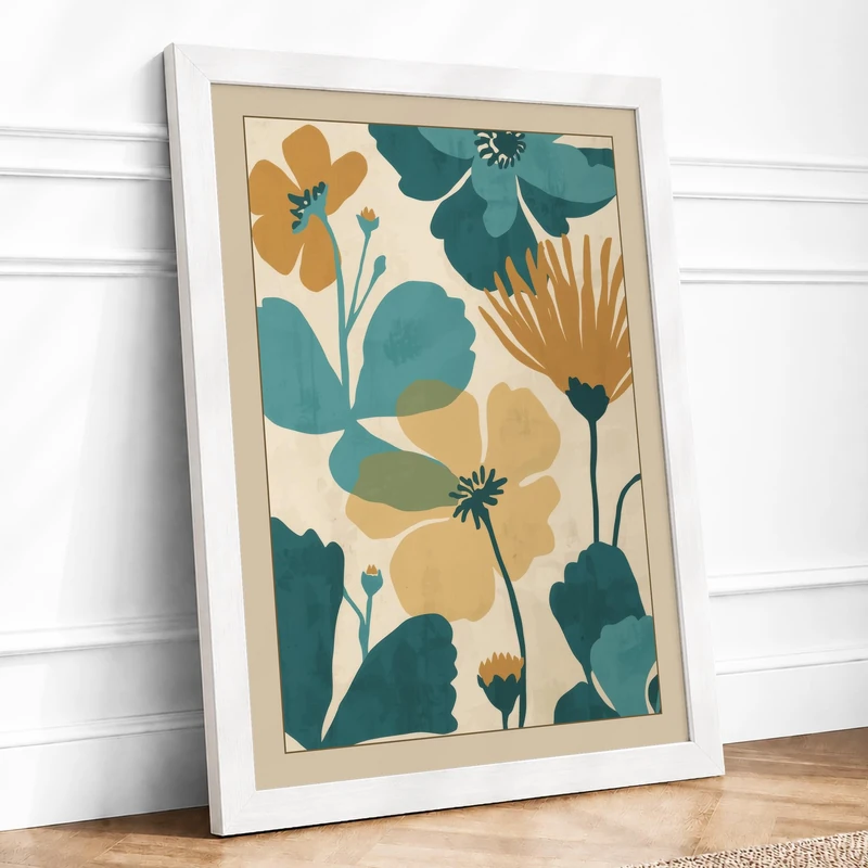 Ochre Flourish Botanical Framed Wall Art Print A1 (84.1×59.4cm) White, Wall Decor for Living Room, Bedroom, Office & Home, Ready to Hang, Art Gift