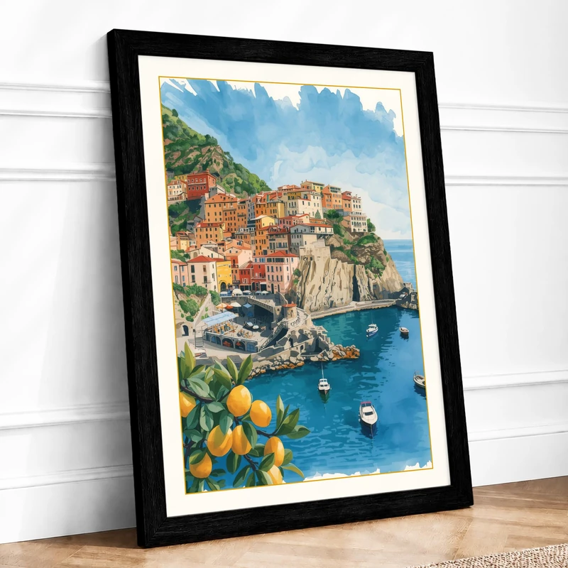 Cliffside Village at Sea Coastal Framed Wall Art Print A1 (84.1×59.4cm) Black, Wall Decor for Living Room, Bedroom, Office & Home, Ready to Hang, Art Gift - Image 1