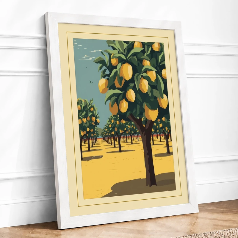 Lemon Grove Harvest Vintage Framed Wall Art Print A1 (84.1×59.4cm) White, Wall Decor for Living Room, Bedroom, Office & Home, Ready to Hang, Art Gift