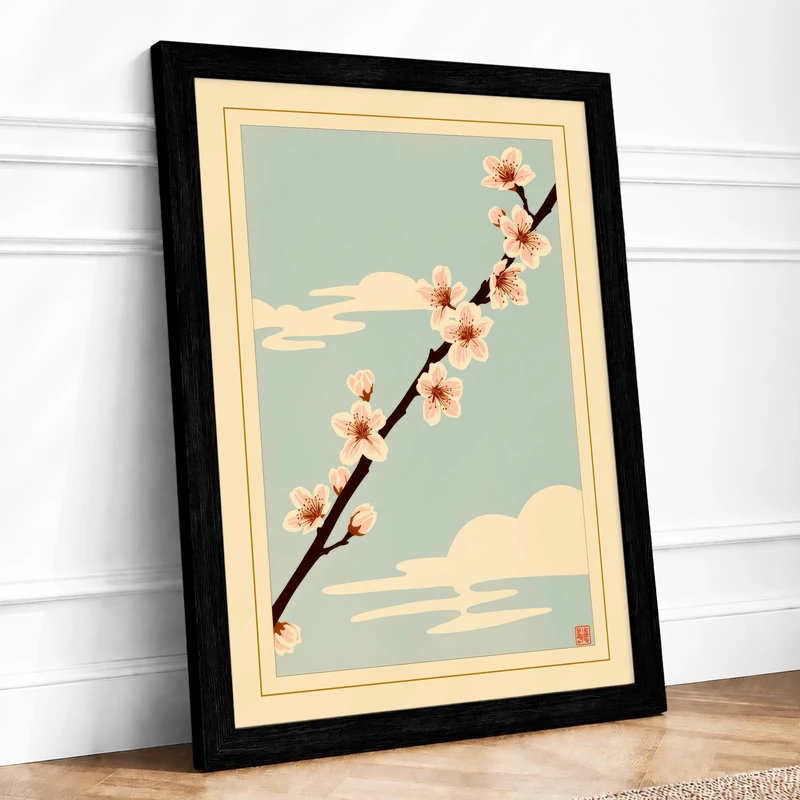 Reaching for Blossoms Japandi Framed Wall Art Print A1 (84.1×59.4cm) Black, Wall Decor for Living Room, Bedroom, Office & Home, Ready to Hang, Art Gift