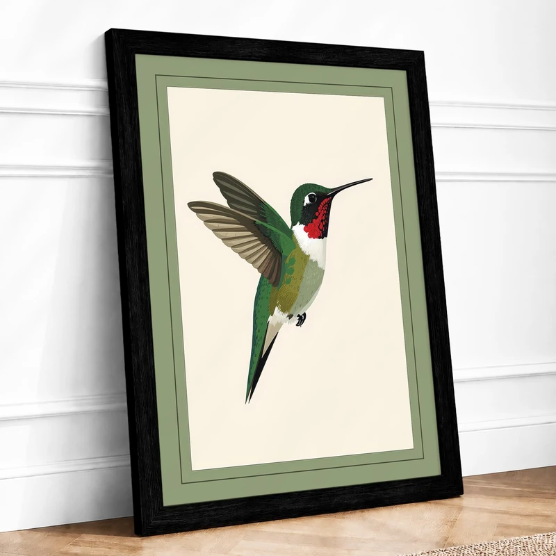 Ruby Hummingbird Botanical Framed Wall Art Print A1 (84.1×59.4cm) Black, Wall Decor for Living Room, Bedroom, Office & Home, Ready to Hang, Art Gift