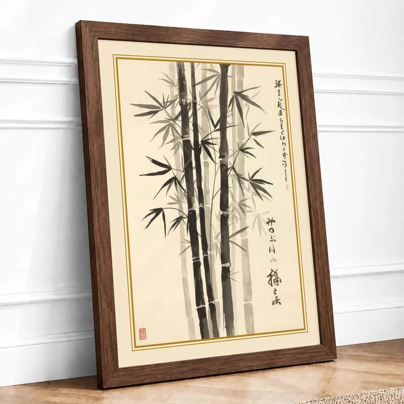 Bamboo in Black Ink Japandi Framed Wall Art Print A1 (84.1×59.4cm) Walnut, Wall Decor for Living Room, Bedroom, Office & Home, Ready to Hang, Art Gift - Image 1