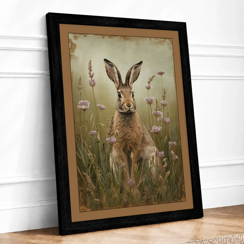 Rabbit in Wildflowers Boho Framed Wall Art Print A1 (84.1×59.4cm) Black, Wall Decor for Living Room, Bedroom, Office & Home, Ready to Hang, Art Gift