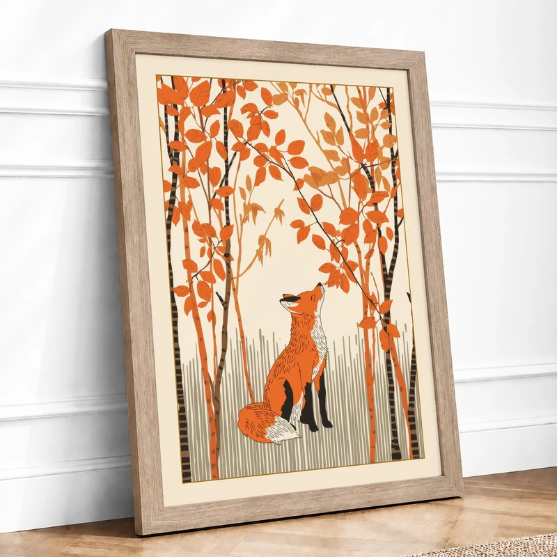 Fox Among Autumn Trees Scandinavian Framed Wall Art Print A1 (84.1×59.4cm) Oak, Wall Decor for Living Room, Bedroom, Office & Home, Ready to Hang, Art Gift - Image 1