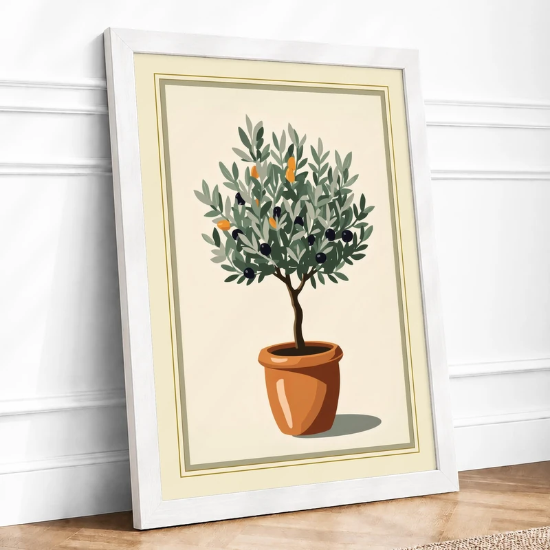 Potted Olive Tree Botanical Framed Wall Art Print A1 (84.1×59.4cm) White, Wall Decor for Living Room, Bedroom, Office & Home, Ready to Hang, Art Gift - Image 1