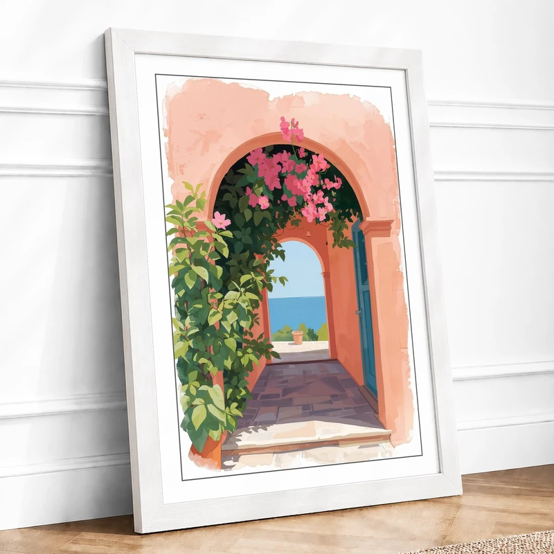 Mediterranean Doorway Coastal Framed Wall Art Print A1 (84.1×59.4cm) White, Wall Decor for Living Room, Bedroom, Office & Home, Ready to Hang, Art Gift - Image 1