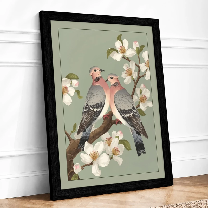 Birds in Blossom Botanical Framed Wall Art Print A1 (84.1×59.4cm) Black, Wall Decor for Living Room, Bedroom, Office & Home, Ready to Hang, Art Gift