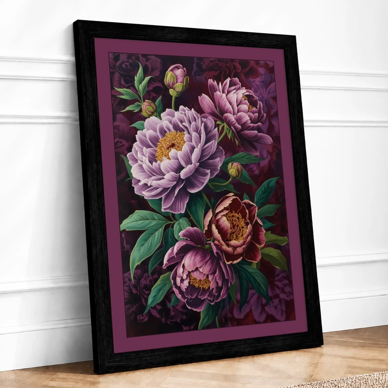 Peony Garden Botanical Framed Wall Art Print A1 (84.1×59.4cm) Black, Wall Decor for Living Room, Bedroom, Office & Home, Ready to Hang, Art Gift