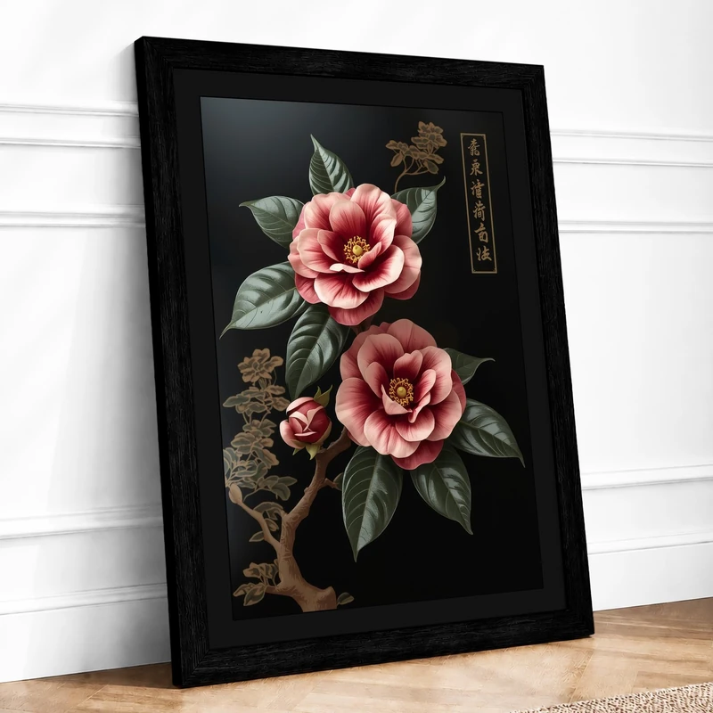 East Asian Roses Japandi Framed Wall Art Print A1 (84.1×59.4cm) Black, Wall Decor for Living Room, Bedroom, Office & Home, Ready to Hang, Art Gift