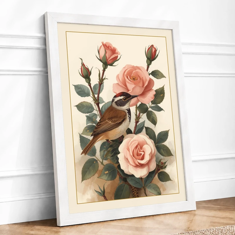 Roses with Songbird Botanical Framed Wall Art Print A1 (84.1×59.4cm) White, Wall Decor for Living Room, Bedroom, Office & Home, Ready to Hang, Art Gift - Image 1