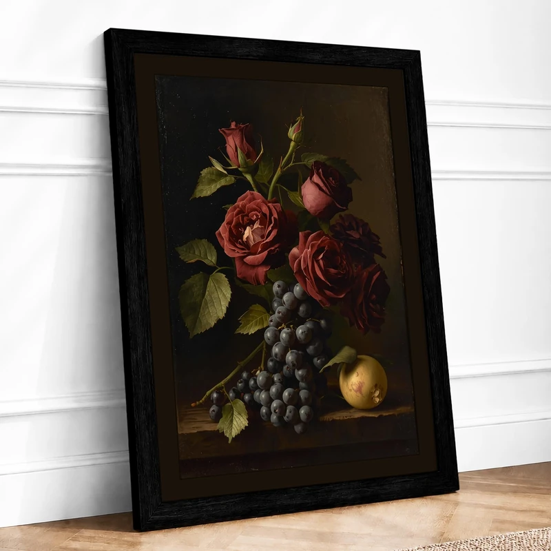 Roses and Autumn Fruit Vintage Framed Wall Art Print A1 (84.1×59.4cm) Black, Wall Decor for Living Room, Bedroom, Office & Home, Ready to Hang, Art Gift