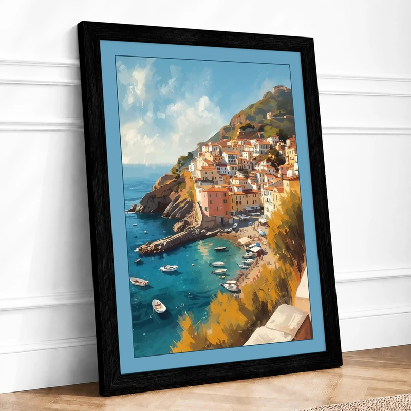 Clifftop Village by the Sea Coastal Framed Wall Art Print A1 (84.1×59.4cm) Black, Wall Decor for Living Room, Bedroom, Office & Home, Ready to Hang, Art Gift