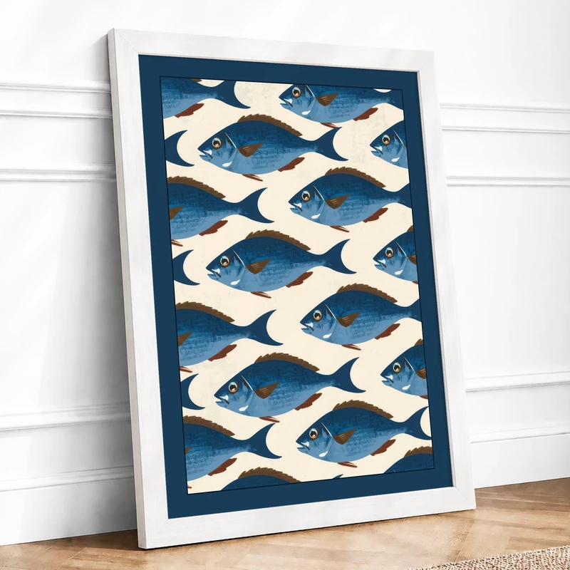 School of Fish Coastal Framed Wall Art Print A1 (84.1×59.4cm) White, Wall Decor for Living Room, Bedroom, Office & Home, Ready to Hang, Art Gift