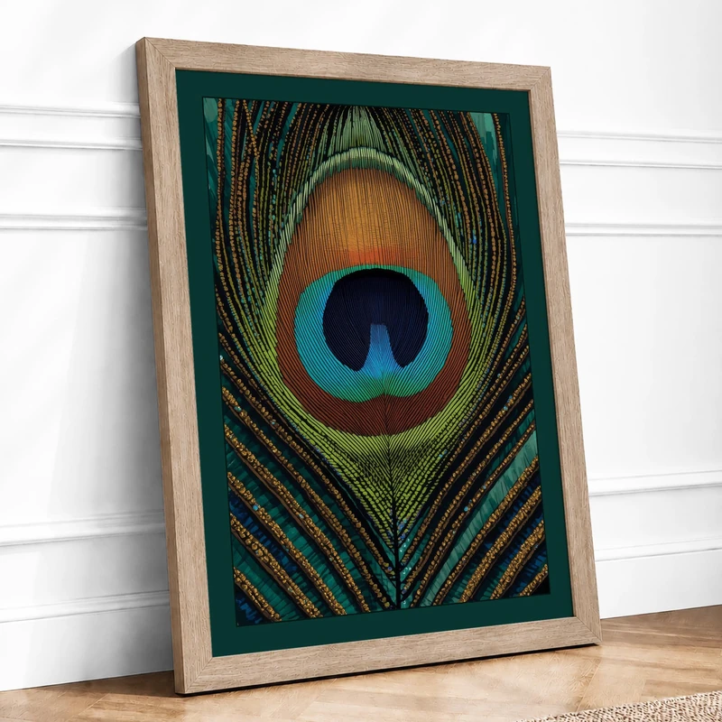 Peacock Feather Eye Botanical Framed Wall Art Print A1 (84.1×59.4cm) Oak, Wall Decor for Living Room, Bedroom, Office & Home, Ready to Hang, Art Gift