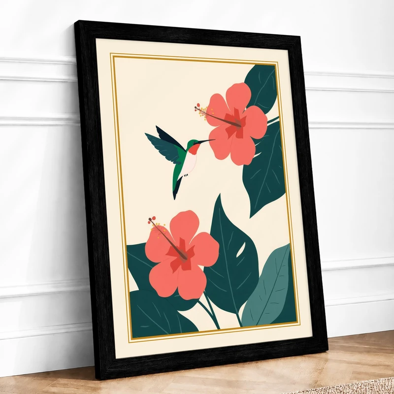 Coral Blooms with Hummingbird Botanical Framed Wall Art Print A1 (84.1×59.4cm) Black, Wall Decor for Living Room, Bedroom, Office & Home, Ready to Hang, Art Gift