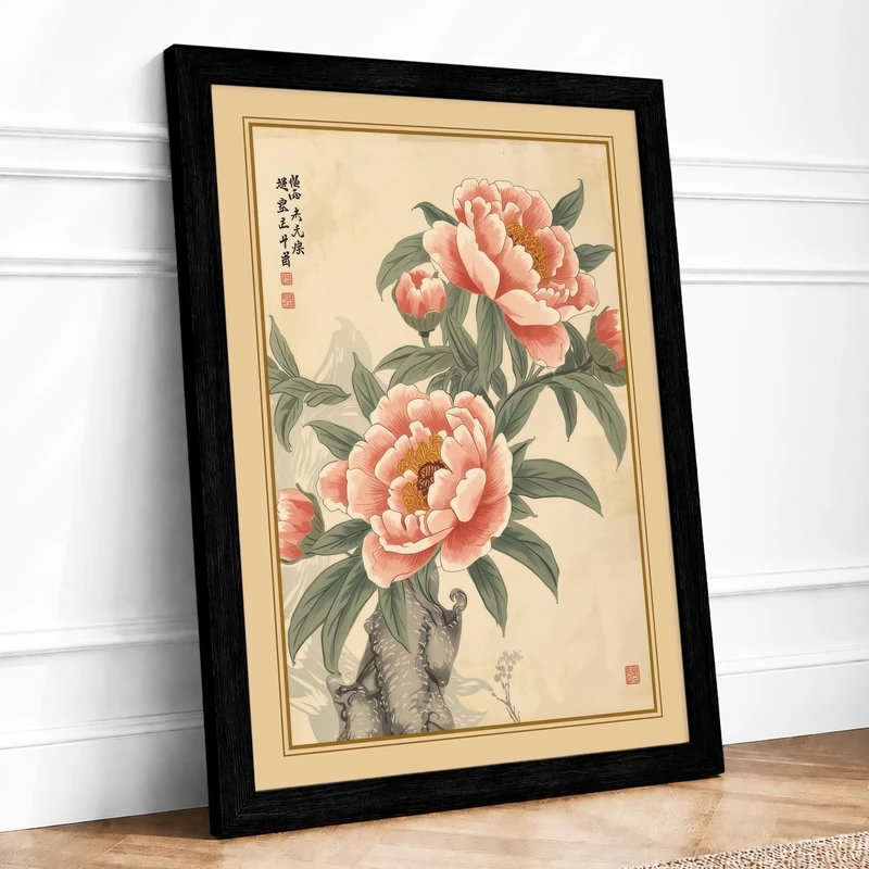 Pink Peonies with Calligraphy Botanical Framed Wall Art Print A1 (84.1×59.4cm) Black, Wall Decor for Living Room, Bedroom, Office & Home, Ready to Hang, Art Gift
