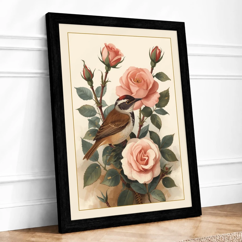 Roses with Songbird Botanical Framed Wall Art Print A1 (84.1×59.4cm) Black, Wall Decor for Living Room, Bedroom, Office & Home, Ready to Hang, Art Gift