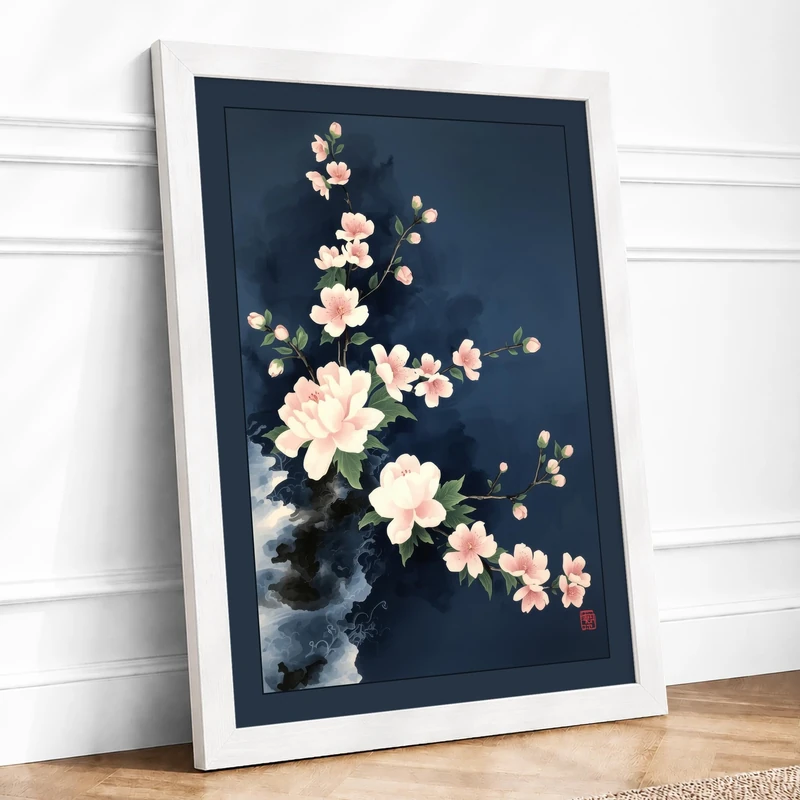 Pale Bloom Cascade Botanical Framed Wall Art Print A1 (84.1×59.4cm) White, Wall Decor for Living Room, Bedroom, Office & Home, Ready to Hang, Art Gift