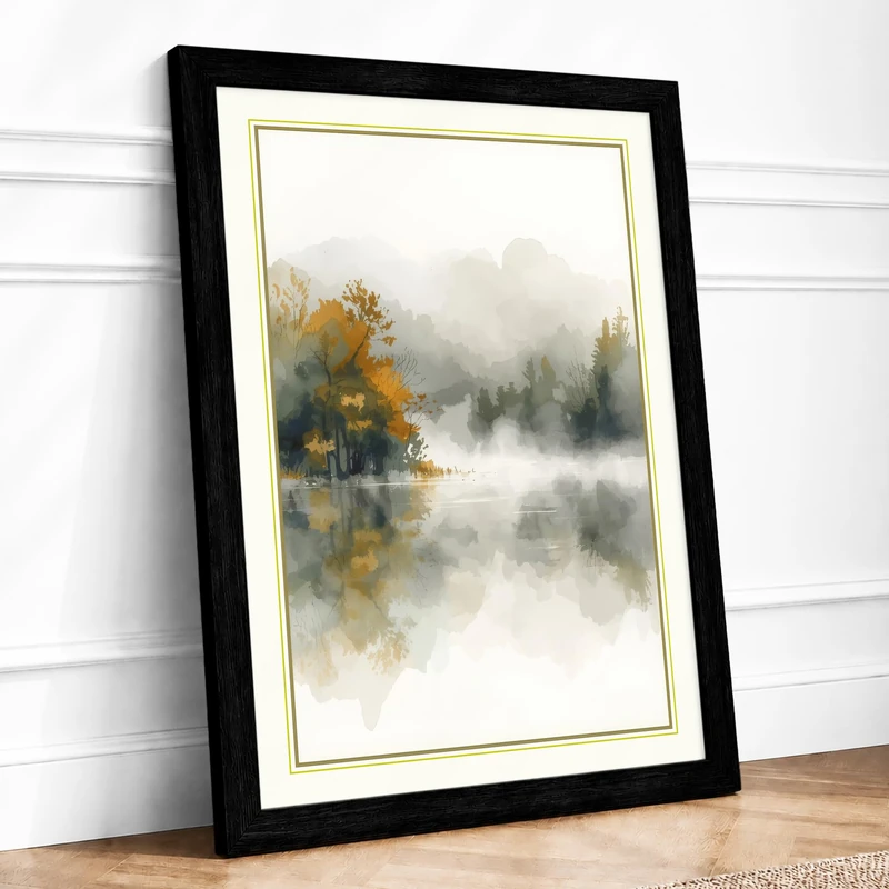 Misty Forest Lake Scandinavian Framed Wall Art Print A1 (84.1×59.4cm) Black, Wall Decor for Living Room, Bedroom, Office & Home, Ready to Hang, Art Gift