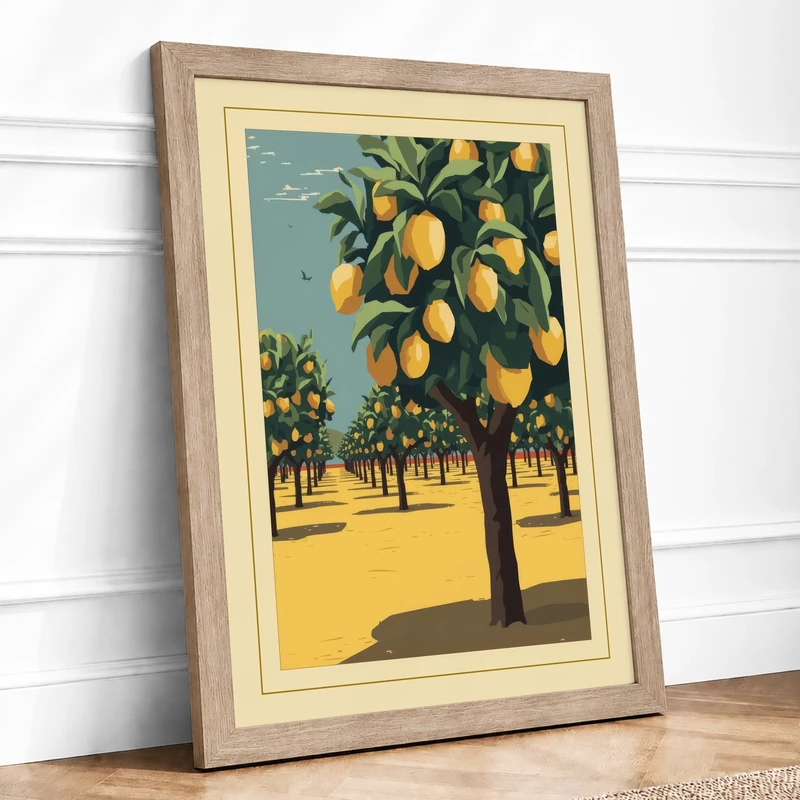 Lemon Grove Harvest Vintage Framed Wall Art Print A1 (84.1×59.4cm) Oak, Wall Decor for Living Room, Bedroom, Office & Home, Ready to Hang, Art Gift