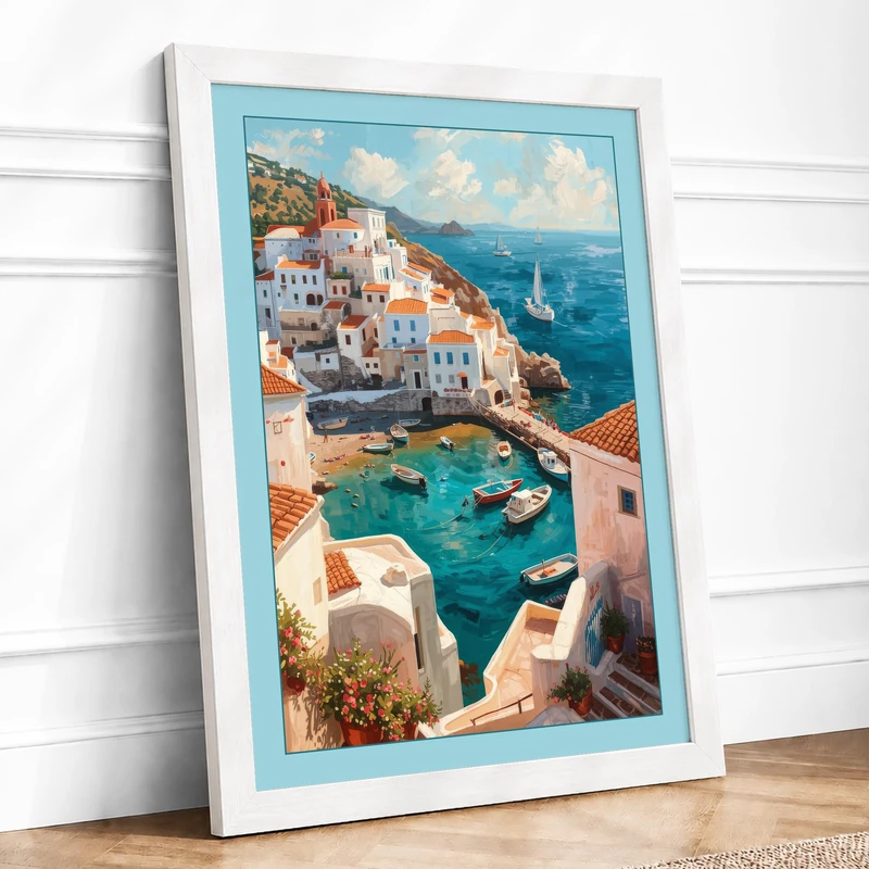 Mediterranean Clifftop Village Coastal Framed Wall Art Print A1 White