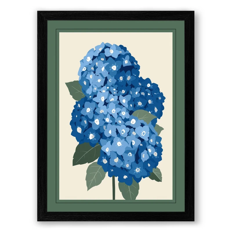 Blue Hydrangea in Bloom Botanical Framed Wall Art Print A1 (84.1×59.4cm) Black, Wall Decor for Living Room, Bedroom, Office & Home, Ready to Hang, Art Gift