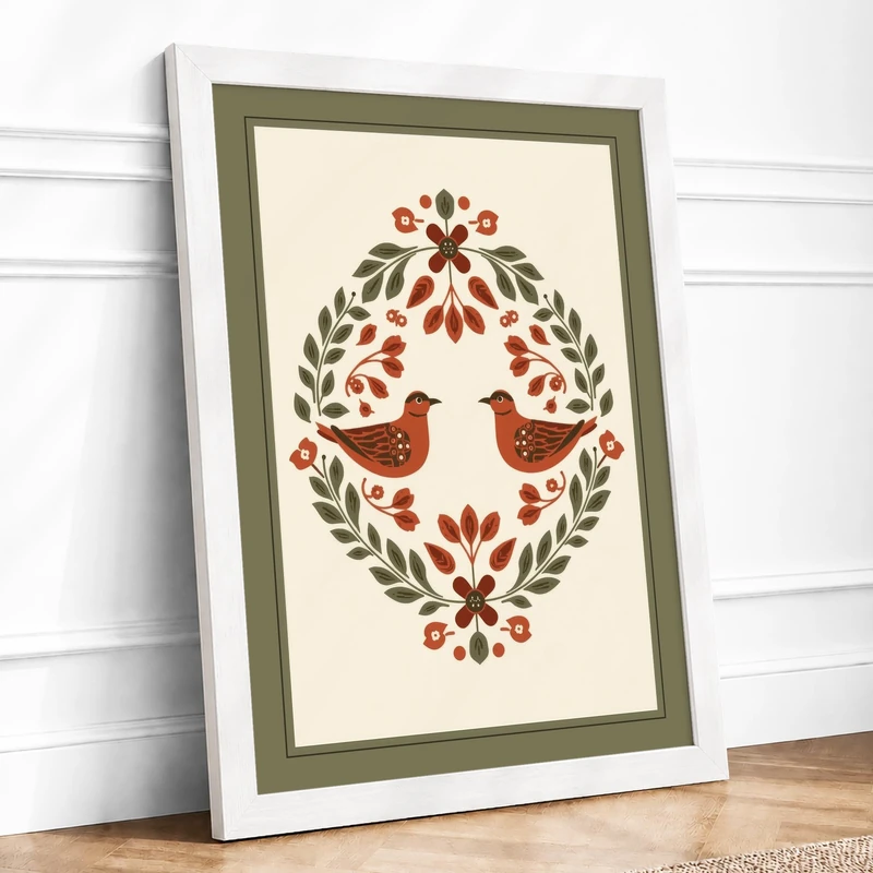 Birds in Botanical Frame Vintage Framed Wall Art Print A1 (84.1×59.4cm) White, Wall Decor for Living Room, Bedroom, Office & Home, Ready to Hang, Art Gift