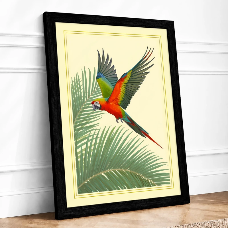 Macaw in Flight Botanical Framed Wall Art Print A1 (84.1×59.4cm) Black, Wall Decor for Living Room, Bedroom, Office & Home, Ready to Hang, Art Gift