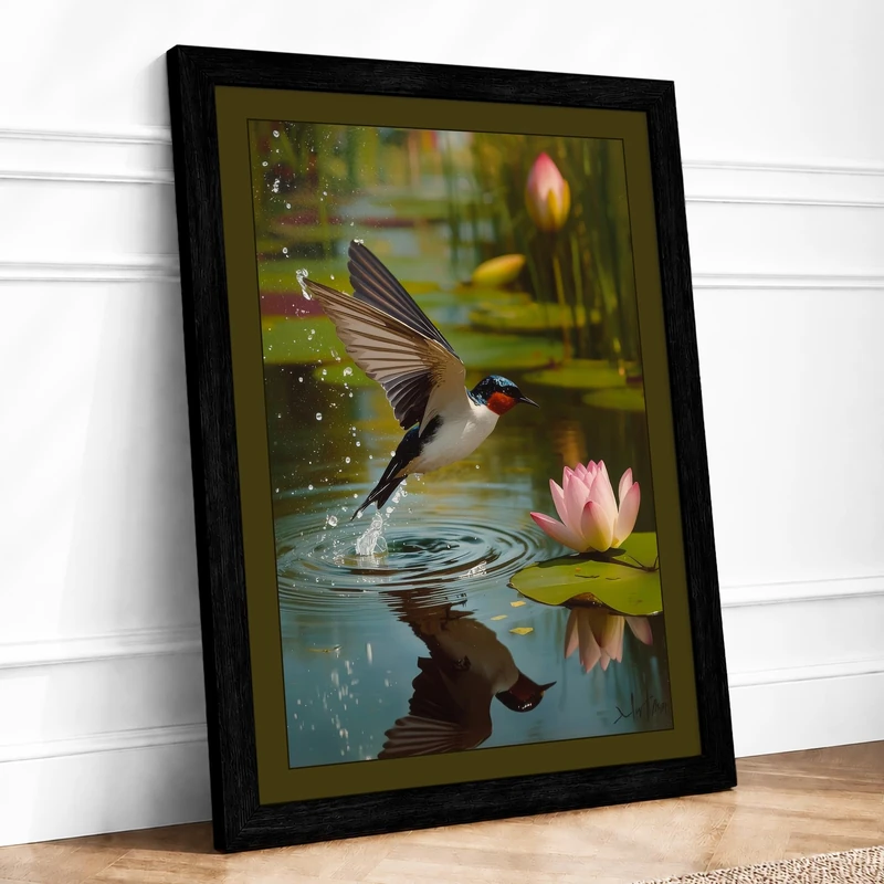 Hummingbird and Lotus Botanical Framed Wall Art Print A1 (84.1×59.4cm) Black, Wall Decor for Living Room, Bedroom, Office & Home, Ready to Hang, Art Gift