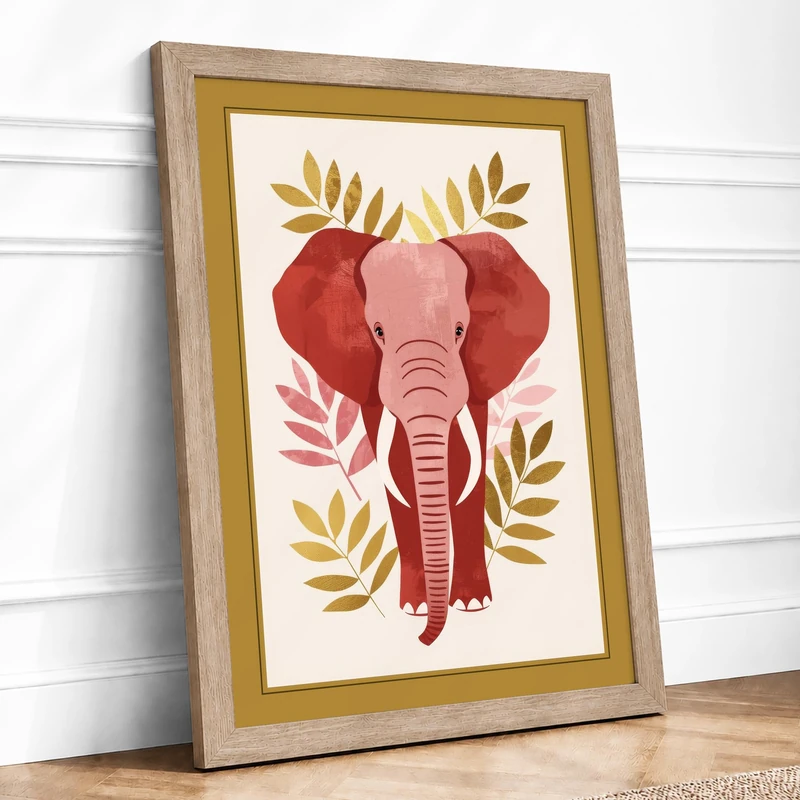 Elephant with Botanical Frame Mid-Century Framed Wall Art Print A1 (84.1×59.4cm) Oak, Wall Decor for Living Room, Bedroom, Office & Home, Ready to Hang, Art Gift - Image 1