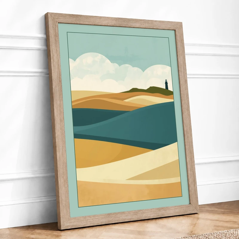 Lighthouse on the Dunes Minimalist Framed Wall Art Print A1 (84.1×59.4cm) Oak, Wall Decor for Living Room, Bedroom, Office & Home, Ready to Hang, Art Gift - Image 1