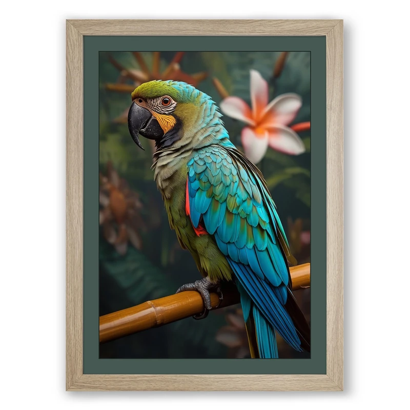 Macaw in Profile Tropical Framed Wall Art Print A1 (84.1×59.4cm) Oak, Wall Decor for Living Room, Bedroom, Office & Home, Ready to Hang, Art Gift
