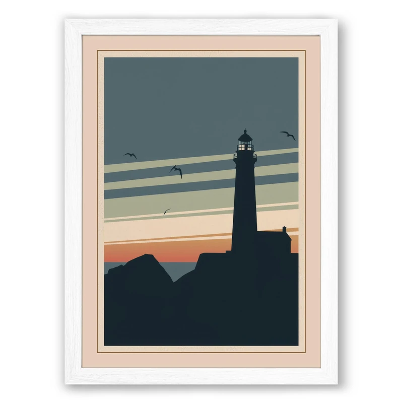 Lighthouse at Dusk Minimalist Framed Wall Art Print A1 (84.1×59.4cm) White, Wall Decor for Living Room, Bedroom, Office & Home, Ready to Hang, Art Gift