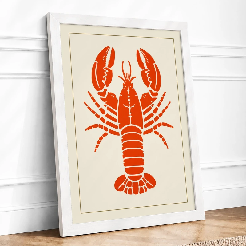 Scarlet Lobster Graphic Framed Wall Art Print A1 (84.1×59.4cm) White, Wall Decor for Living Room, Bedroom, Office & Home, Ready to Hang, Art Gift - Image 1