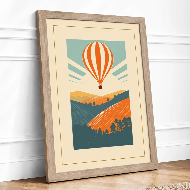 Hot Air Balloon Over Hills Retro Framed Wall Art Print A1 (84.1×59.4cm) Oak, Wall Decor for Living Room, Bedroom, Office & Home, Ready to Hang, Art Gift