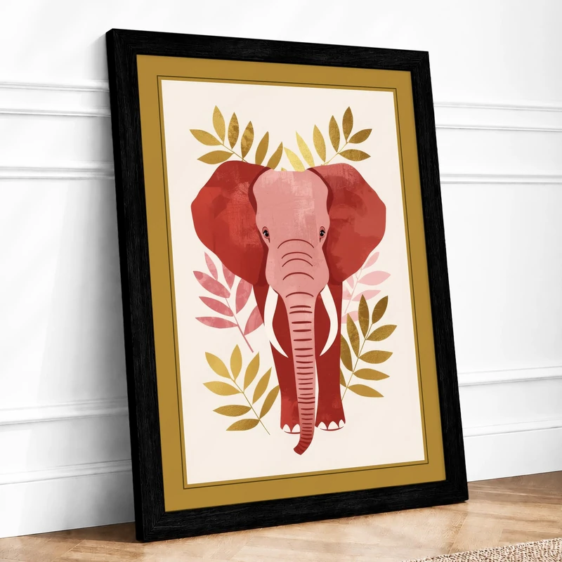 Elephant with Botanical Frame Mid-Century Framed Wall Art Print A1 (84.1×59.4cm) Black, Wall Decor for Living Room, Bedroom, Office & Home, Ready to Hang, Art Gift