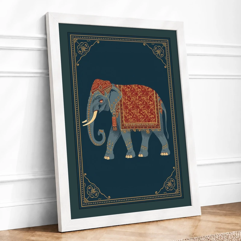 Ceremonial Elephant Eclectic Framed Wall Art Print A1 (84.1×59.4cm) White, Wall Decor for Living Room, Bedroom, Office & Home, Ready to Hang, Art Gift