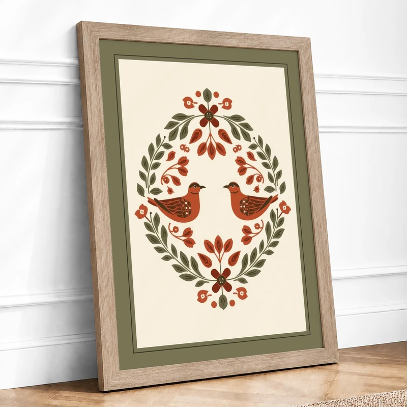 Birds in Botanical Frame Vintage Framed Wall Art Print A1 (84.1×59.4cm) Oak, Wall Decor for Living Room, Bedroom, Office & Home, Ready to Hang, Art Gift