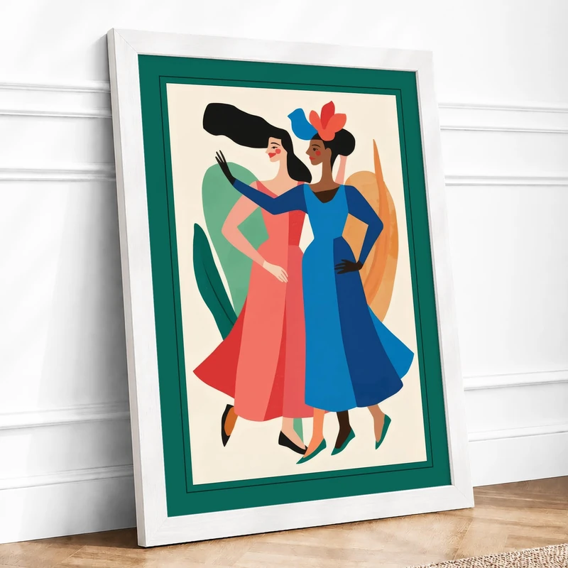 Two Women Together Mid-Century Framed Wall Art Print A1 (84.1×59.4cm) White, Wall Decor for Living Room, Bedroom, Office & Home, Ready to Hang, Art Gift - Image 1