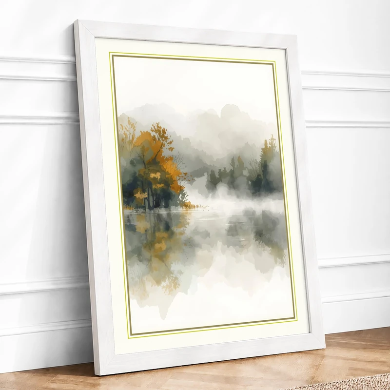 Misty Forest Lake Scandinavian Framed Wall Art Print A1 (84.1×59.4cm) White, Wall Decor for Living Room, Bedroom, Office & Home, Ready to Hang, Art Gift
