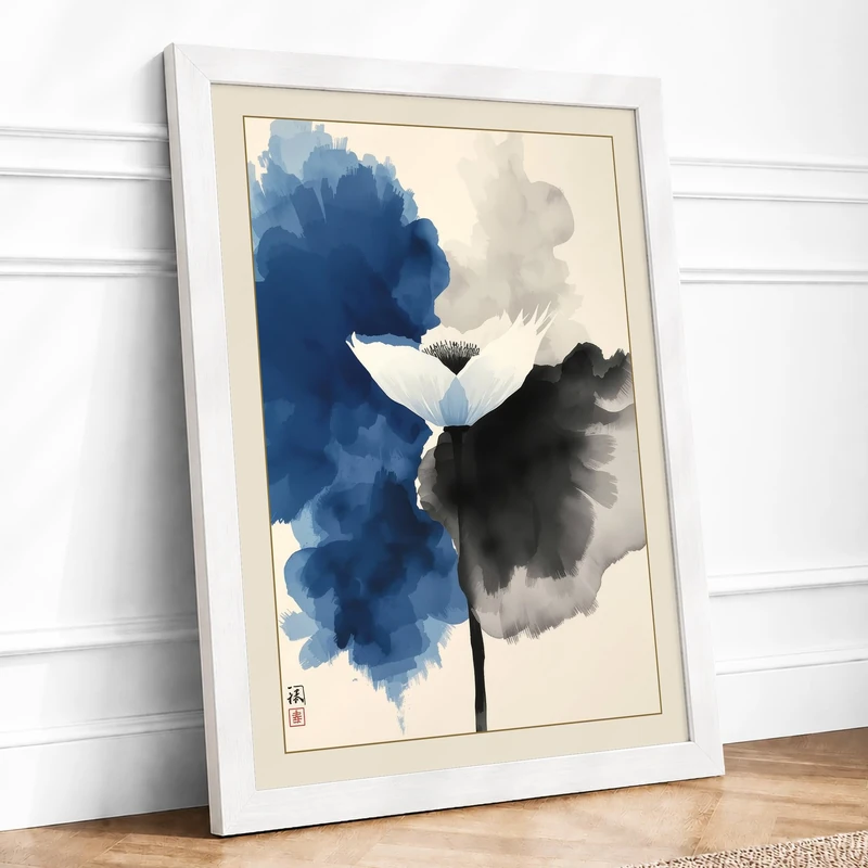 White Blossom in Ink Japandi Framed Wall Art Print A1 (84.1×59.4cm) White, Wall Decor for Living Room, Bedroom, Office & Home, Ready to Hang, Art Gift