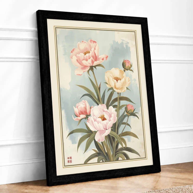Peony Study in Bloom Botanical Framed Wall Art Print A1 (84.1×59.4cm) Black, Wall Decor for Living Room, Bedroom, Office & Home, Ready to Hang, Art Gift - Image 1