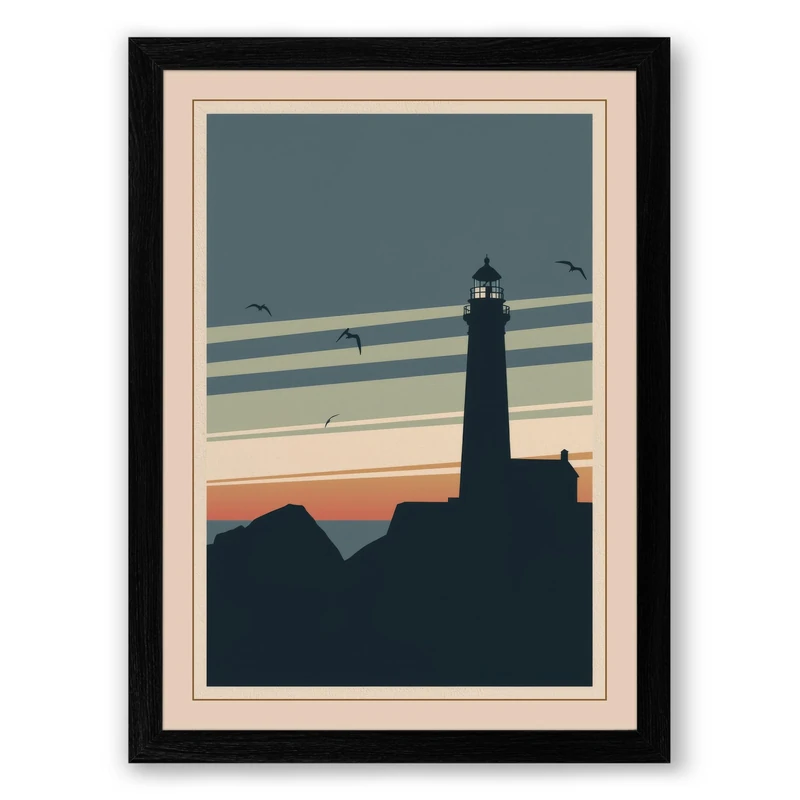 Lighthouse at Dusk Minimalist Framed Wall Art Print A1 (84.1×59.4cm) Black, Wall Decor for Living Room, Bedroom, Office & Home, Ready to Hang, Art Gift
