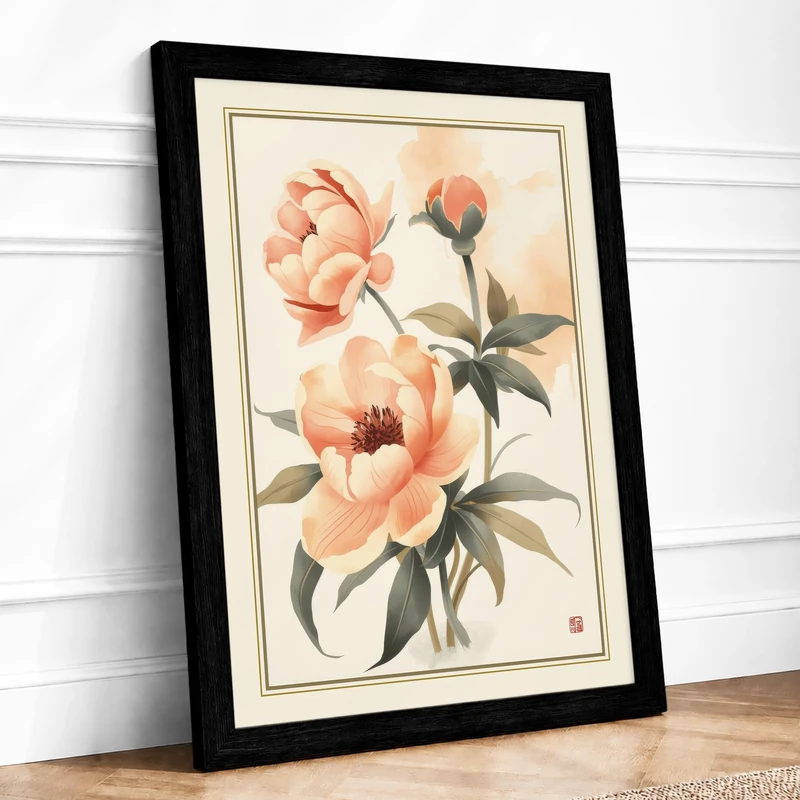 Three Peonies Botanical Framed Wall Art Print A1 (84.1×59.4cm) Black, Wall Decor for Living Room, Bedroom, Office & Home, Ready to Hang, Art Gift - Image 1