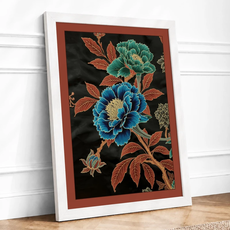 Embroidered Peonies Botanical Framed Wall Art Print A1 (84.1×59.4cm) White, Wall Decor for Living Room, Bedroom, Office & Home, Ready to Hang, Art Gift
