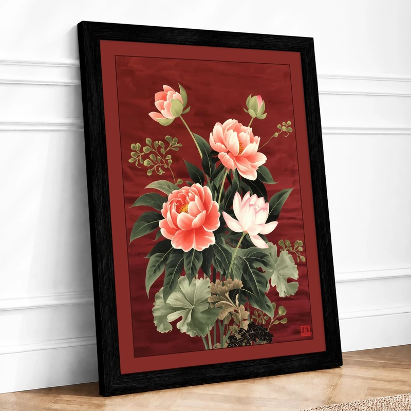 Peonies in Burgundy Botanical Framed Wall Art Print A1 (84.1×59.4cm) Black, Wall Decor for Living Room, Bedroom, Office & Home, Ready to Hang, Art Gift - Image 1