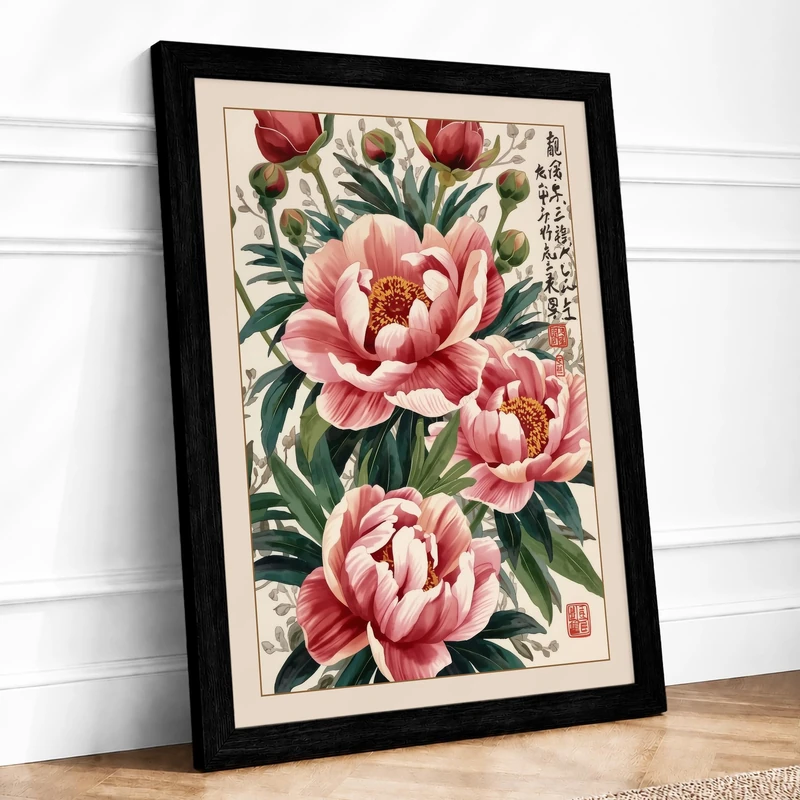 Moonlit Peonies Botanical Framed Wall Art Print A1 (84.1×59.4cm) Black, Wall Decor for Living Room, Bedroom, Office & Home, Ready to Hang, Art Gift