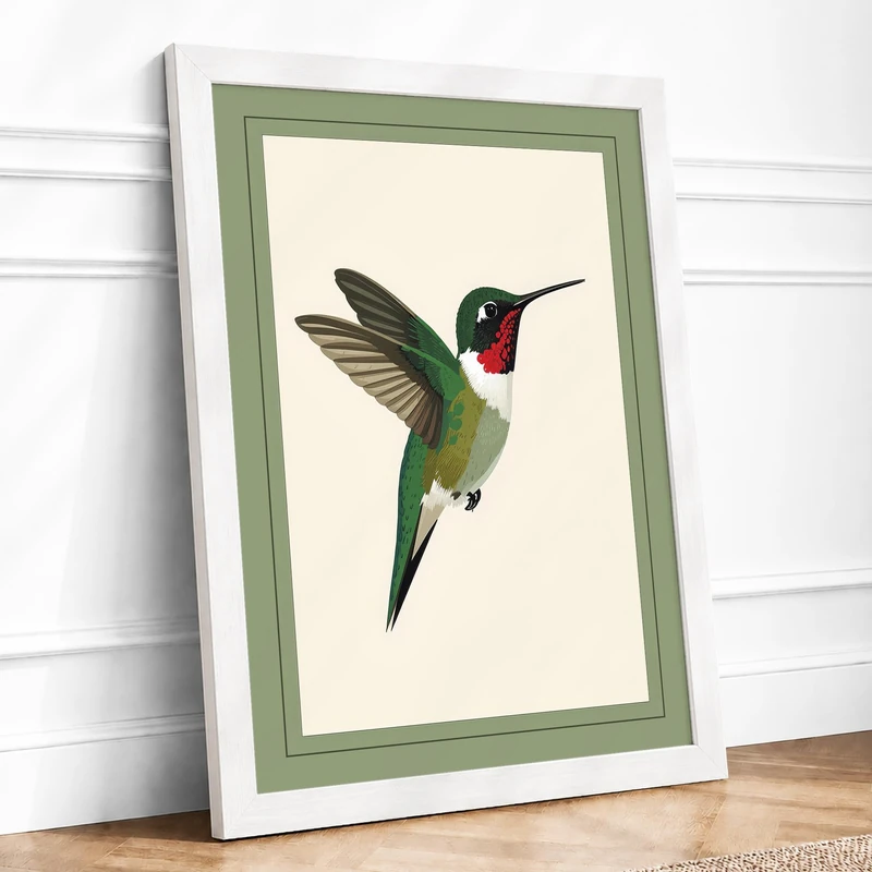Ruby Hummingbird Botanical Framed Wall Art Print A1 (84.1×59.4cm) White, Wall Decor for Living Room, Bedroom, Office & Home, Ready to Hang, Art Gift